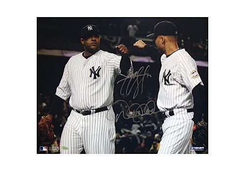 CC Sabathia with Derek Jeter Yankee Pinstriped Jerseys Dual Signed Horizontal 16x20 Photo (MLB Auth)